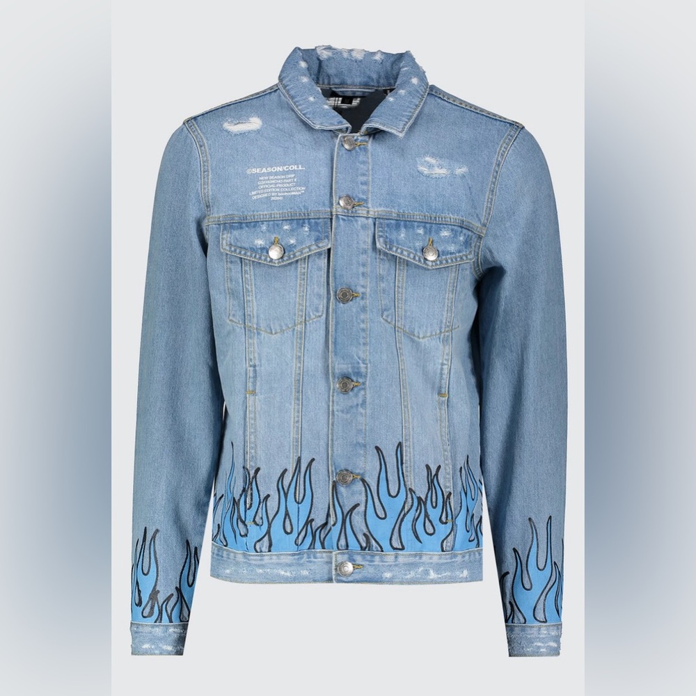 BOOHOO MAN QUAVO SKULL AND FLAME DENIM JACKET
